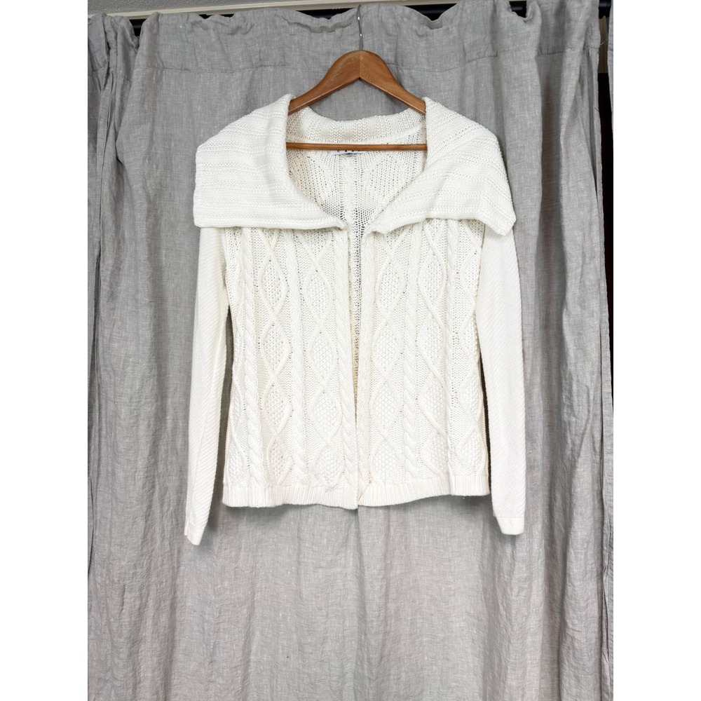 Cabi Womens Cream Cable Knit Open Front‎ Cardigan Shawl Collar Sweater 193 Small